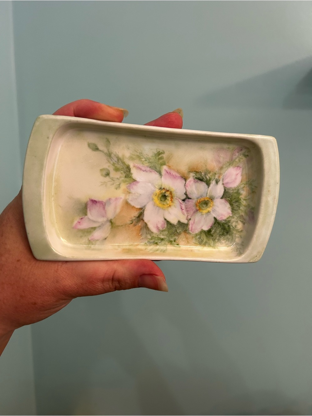 VTG Antique Hand Painted? Signed? Floral Soap Trinket Dish